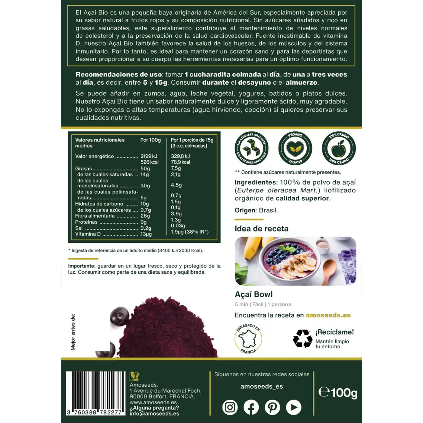 Acai bio polvo amoseeds especialista superalimentos bio