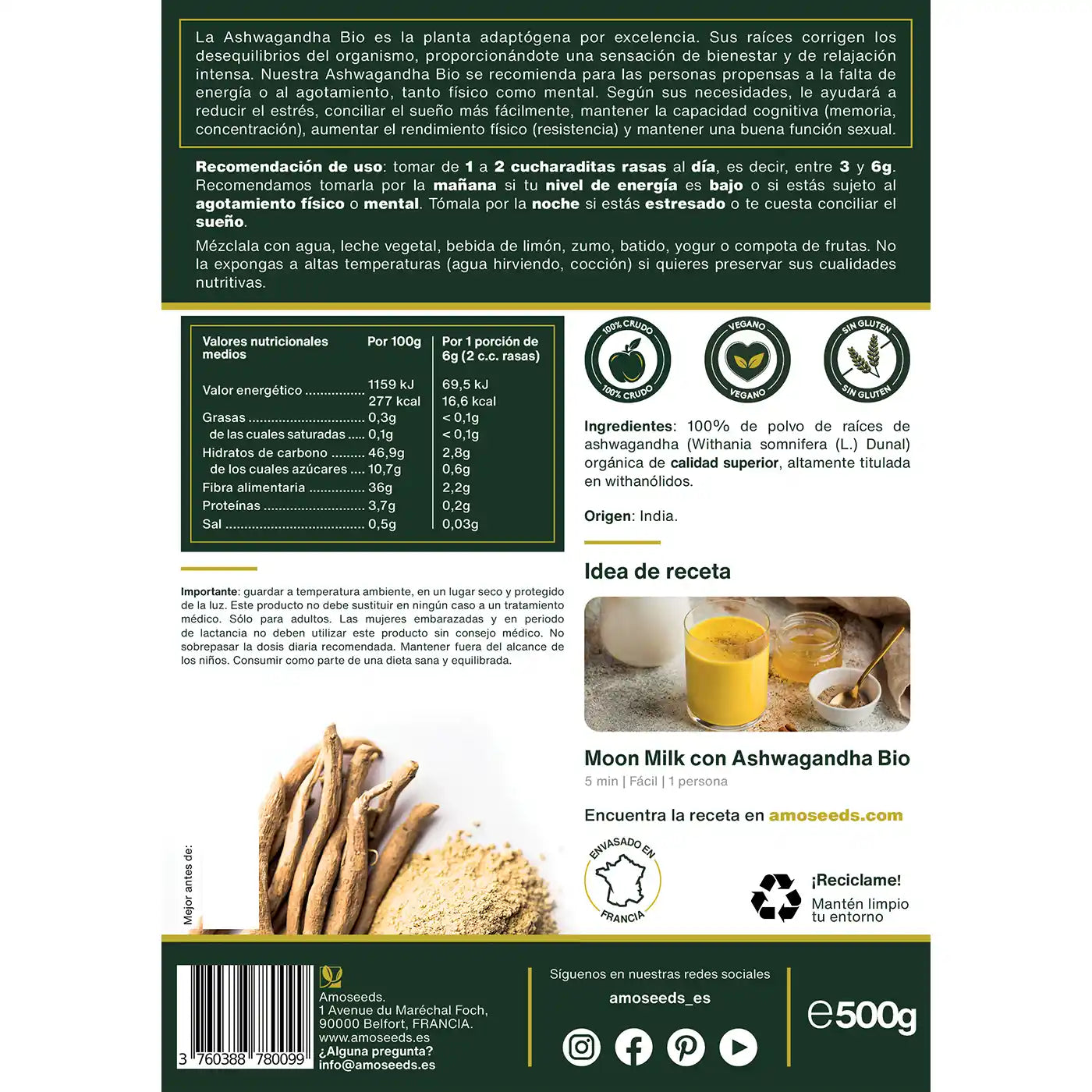 Ashwagandha polvo bio amoseeds especialista de los sueperalimentos bio