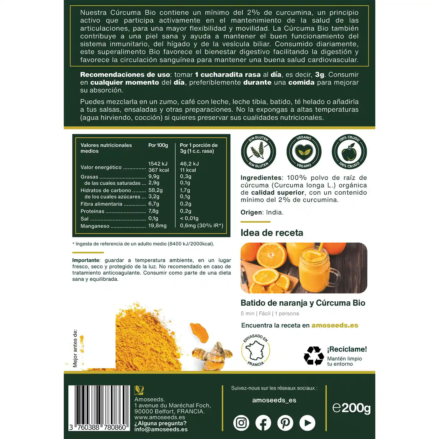 Curcuma polvo Bio amoseeds especialista superalimentos bio