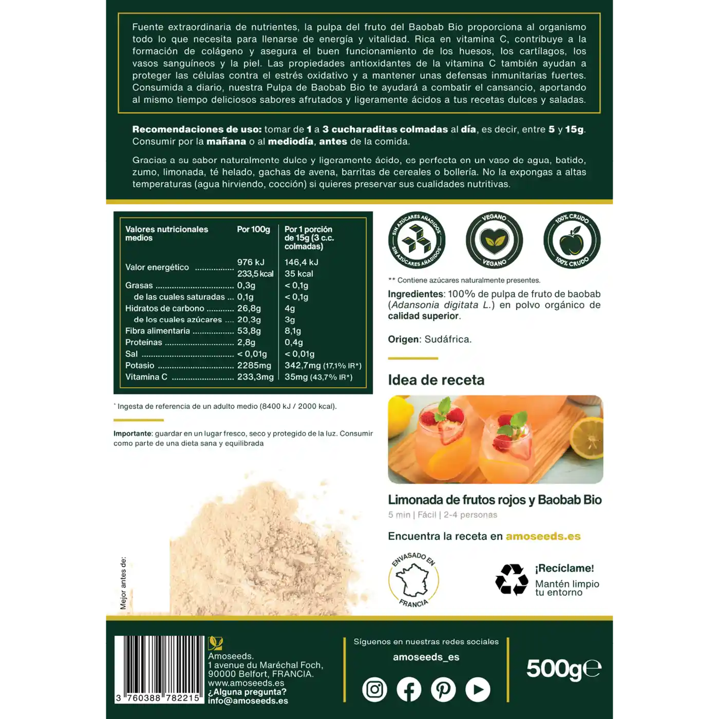 Polvo de pulpa del fruto Baobab Bio - amoseeds - especialista de los suparalimentos bio